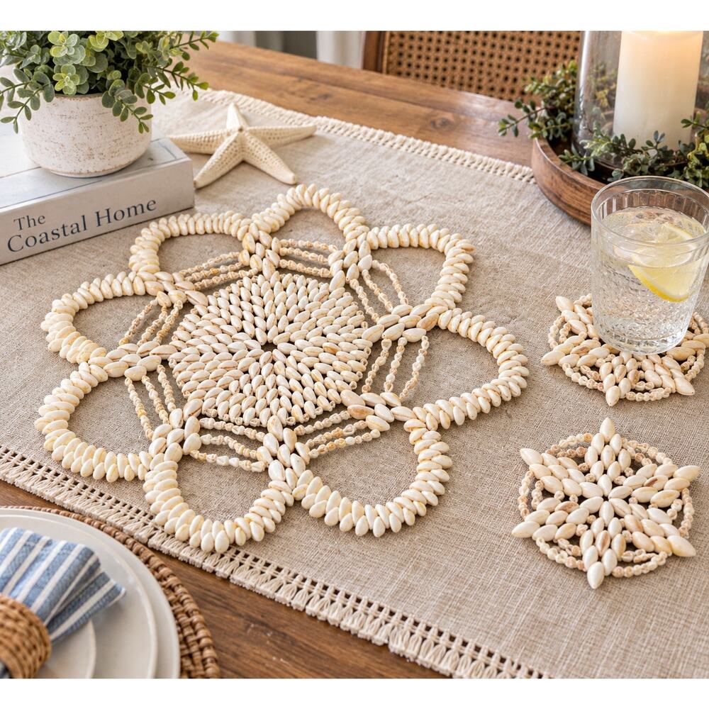 Seashell Placemat Trivet Hot Pad 15 Inch With 2 Coasters Boho Coastal Decor